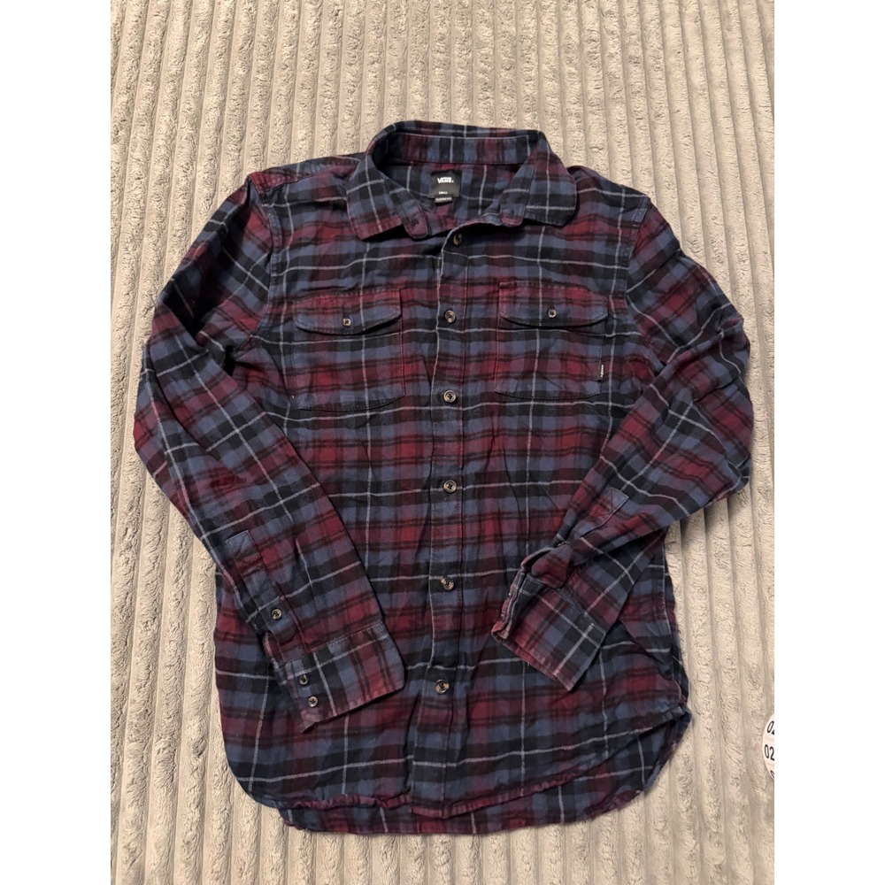 Vans Mens Classic Fit Flannel Shirt Burgundy Blue Plaid Long Sleeve Small